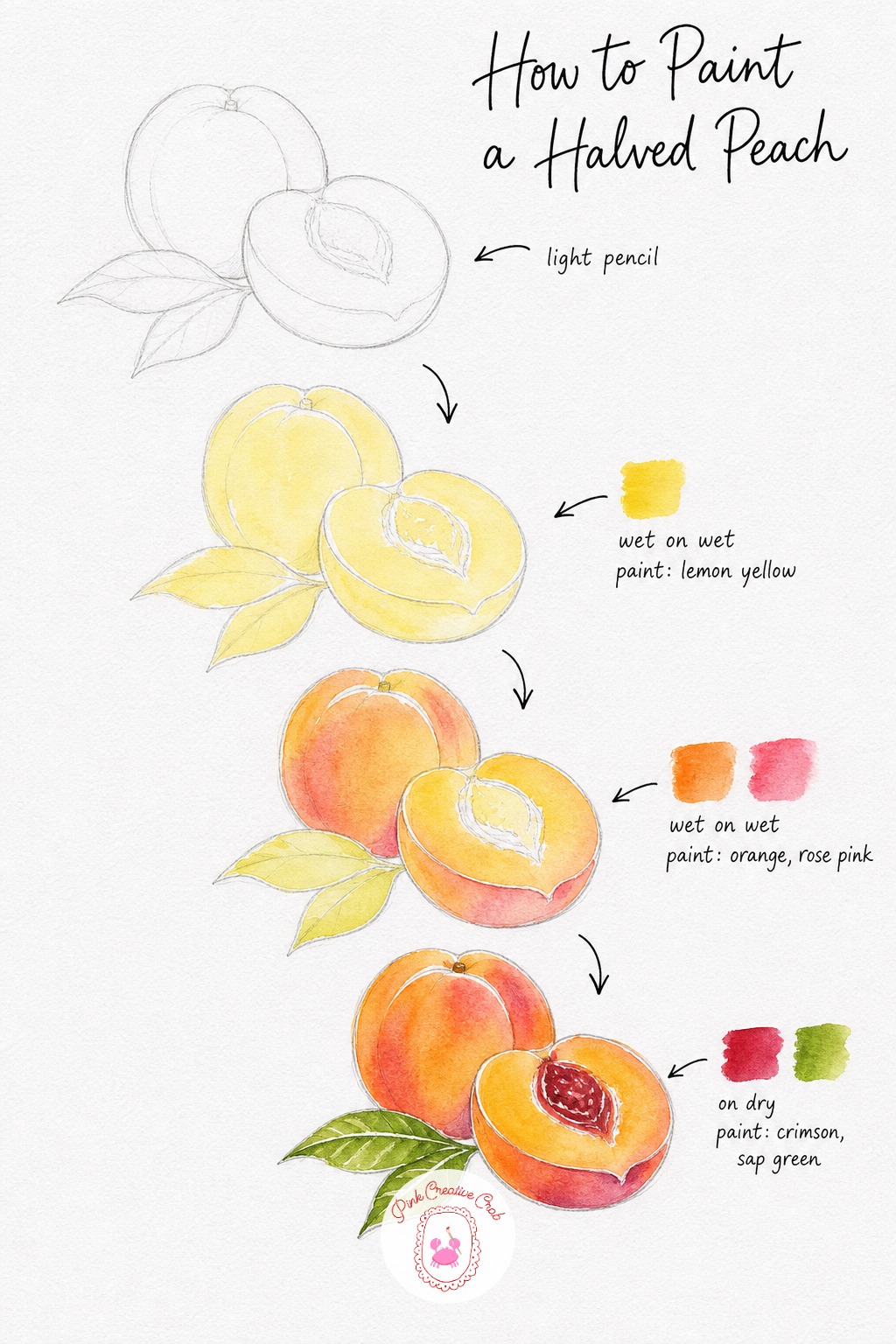Halved Peach With Leaves — Sketch a whole peach next to its halved twin, with the pit visible and two leaves tucked behind. Watercolor fruit tutorial