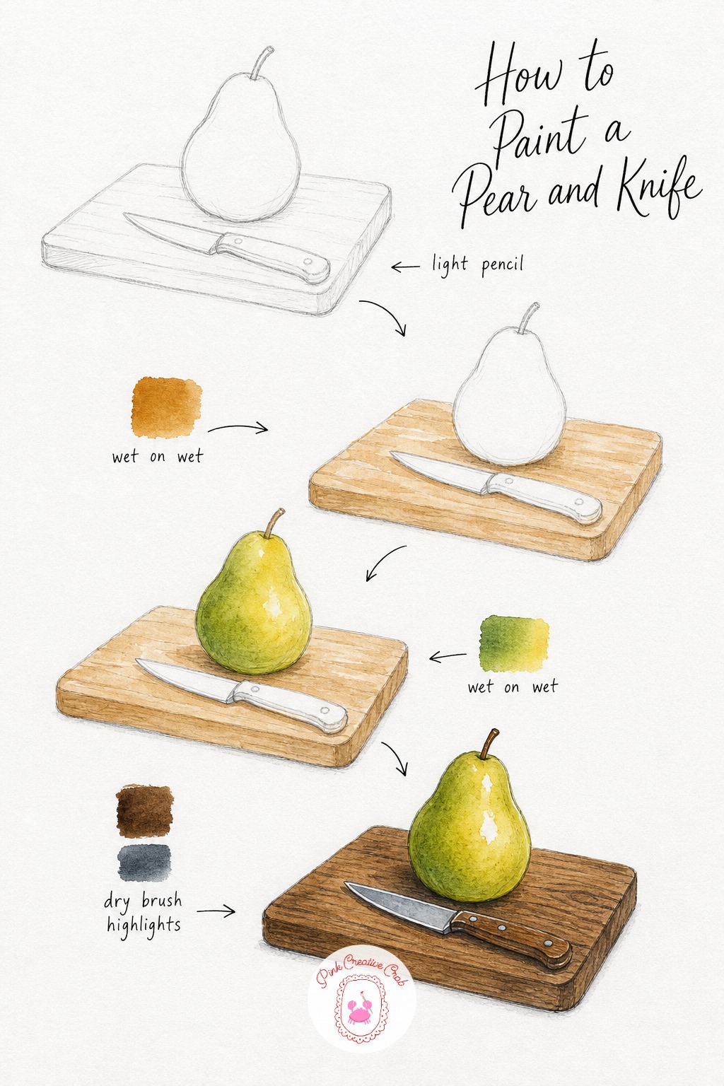 Pear and Knife on a Cutting Board — Sketch a plump pear standing beside a small paring knife on a plank of wood, keeping the board wide enough to ground the