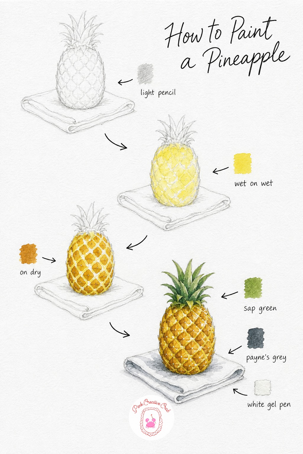 Pineapple on a Towel — Sketch a tall pineapple standing on a loosely folded cloth, marking just a few guide lines for the diamond pattern. Watercolor fruit
