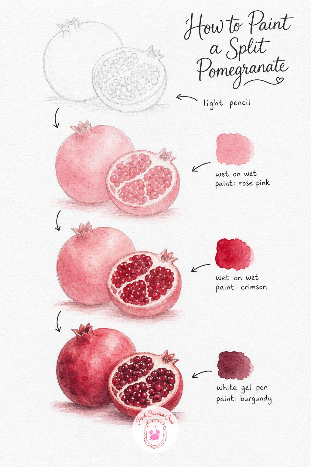 Pomegranate Split Open — Sketch a whole pomegranate beside its cracked open half, with the inside drawn as a loose cluster of small seed shapes rather than