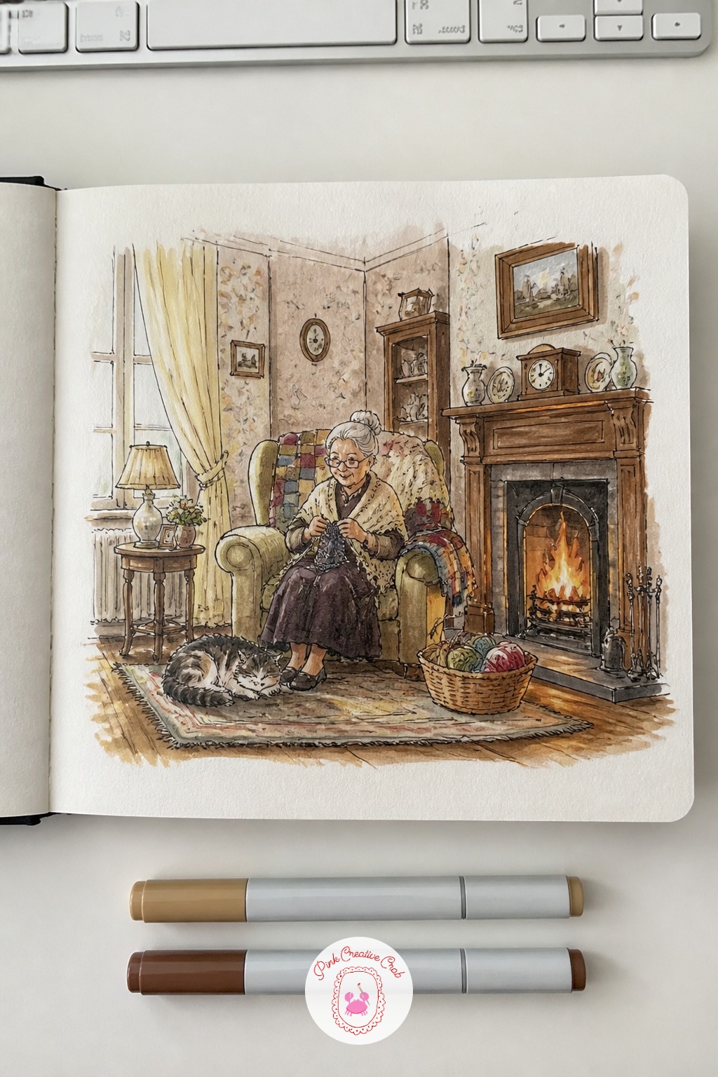 Grandmother's Knitting Parlor — Trade the shed's clutter for a quieter, more formal room: a parlor where an older woman knits by the fire. Interior design