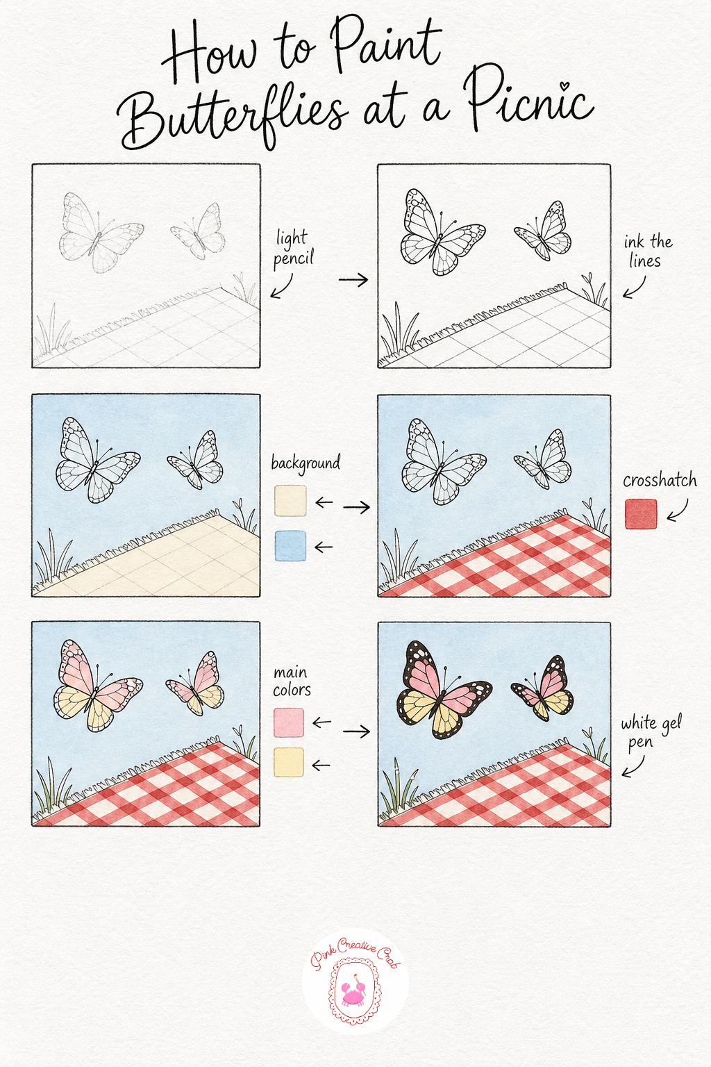 Butterflies Over The Picnic — Sketch just the corner of a gingham blanket in the lower part of the page, then let two butterflies drift upward across the open