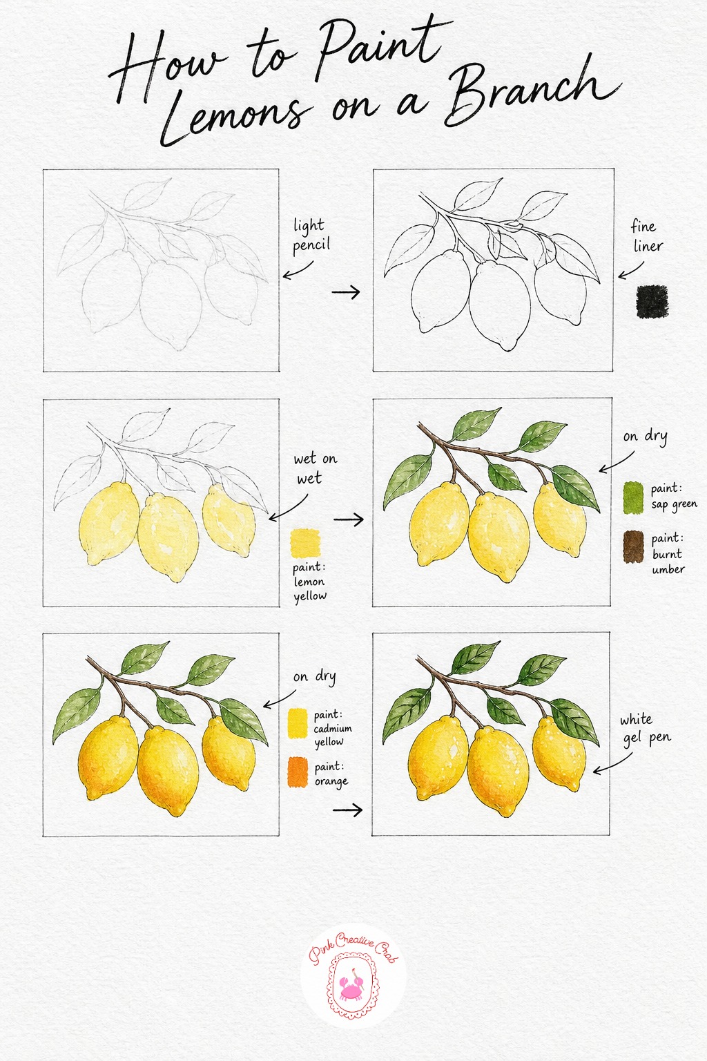 Lemons on a Branch — Pencil a gently curving branch carrying three lemons tucked among pointed leaves, then trace the whole thing in fine ink once you are