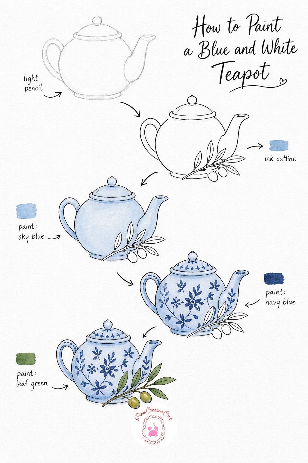 Blue and White Teapot With Olive Sprig — Pencil a round bellied teapot with a curved spout, loop handle and a small knob on the lid, then ink the whole shape