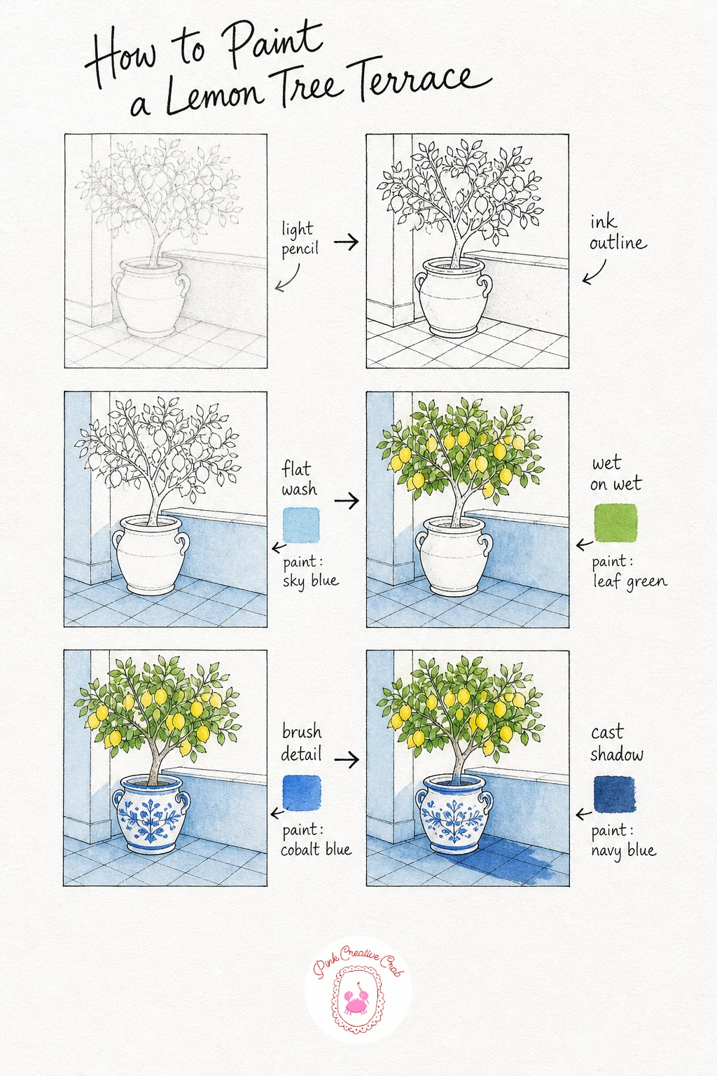 Scene: Lemon Tree Terrace Corner — Sketch a small potted lemon tree tucked into the corner of a tiled terrace, with a low wall behind it, then ink the whole