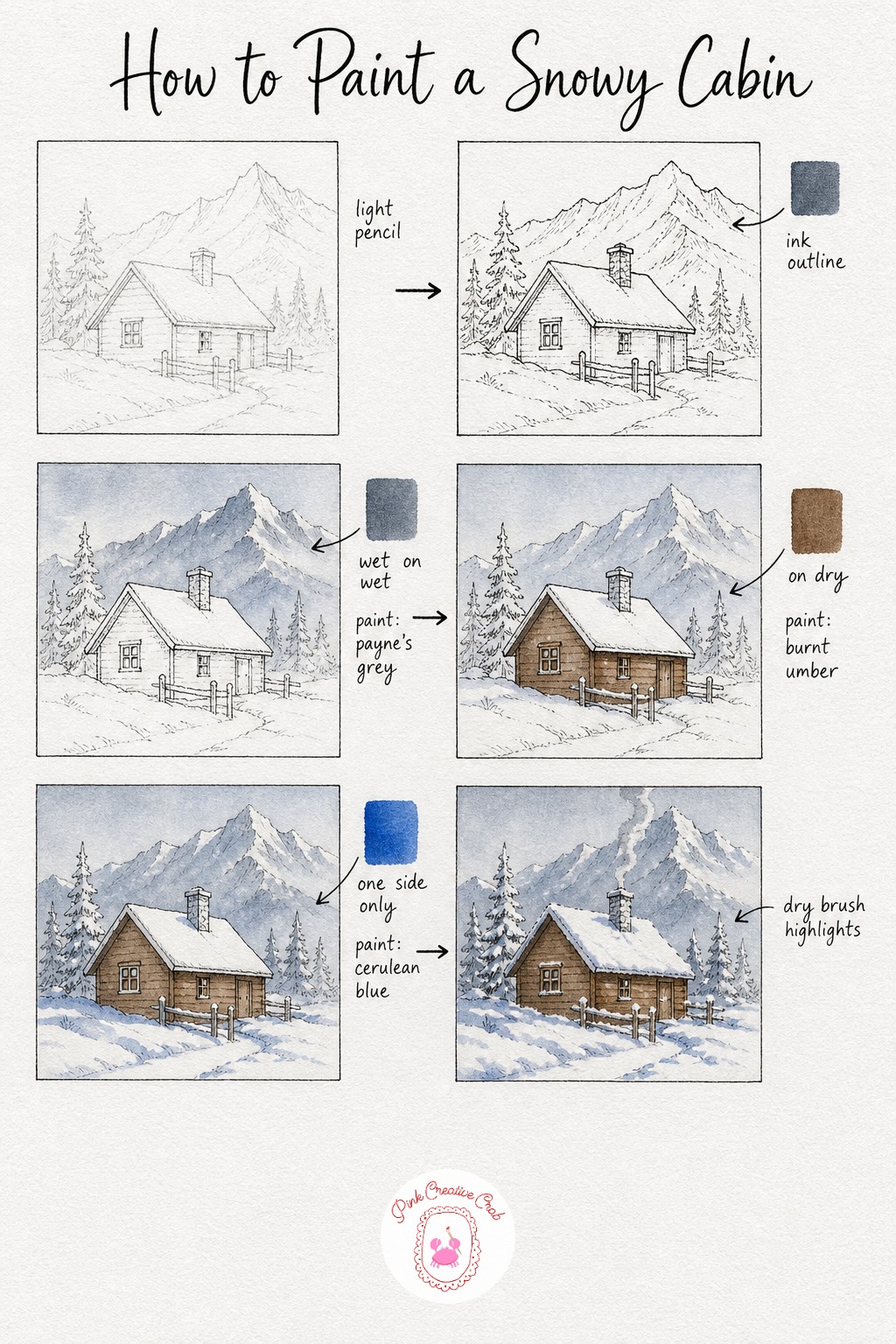 Snowy Mountain Cabin — Place the cabin small against a rising mountain backdrop, chimney sending a faint line skyward. Watercolor landscape tutorial