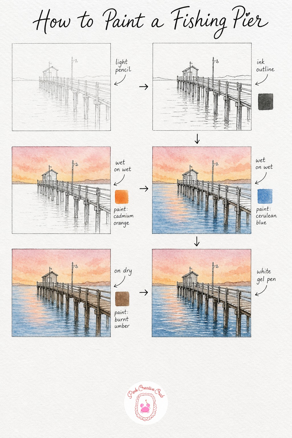 Old Fishing Pier — Draw the pier running diagonally out from one corner of the page into open water, posts spaced evenly beneath it. Watercolor landscape