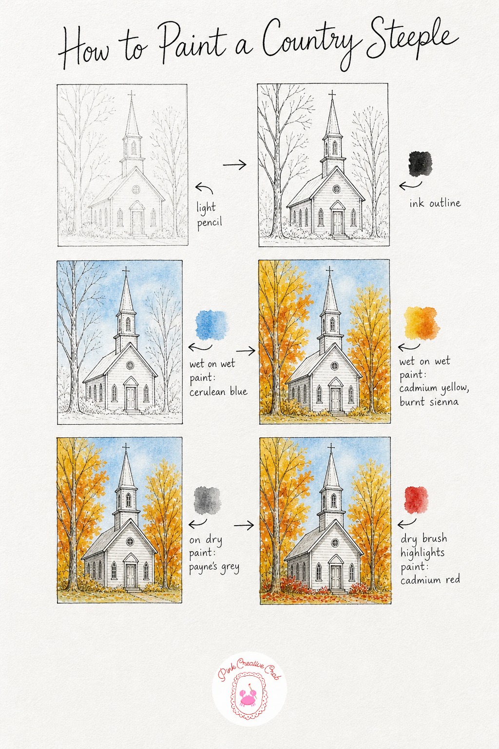Country Church Steeple — Sketch a tall narrow steeple rising above a loose cluster of autumn trees, ink the steeple's outline and the closest trunks so the
