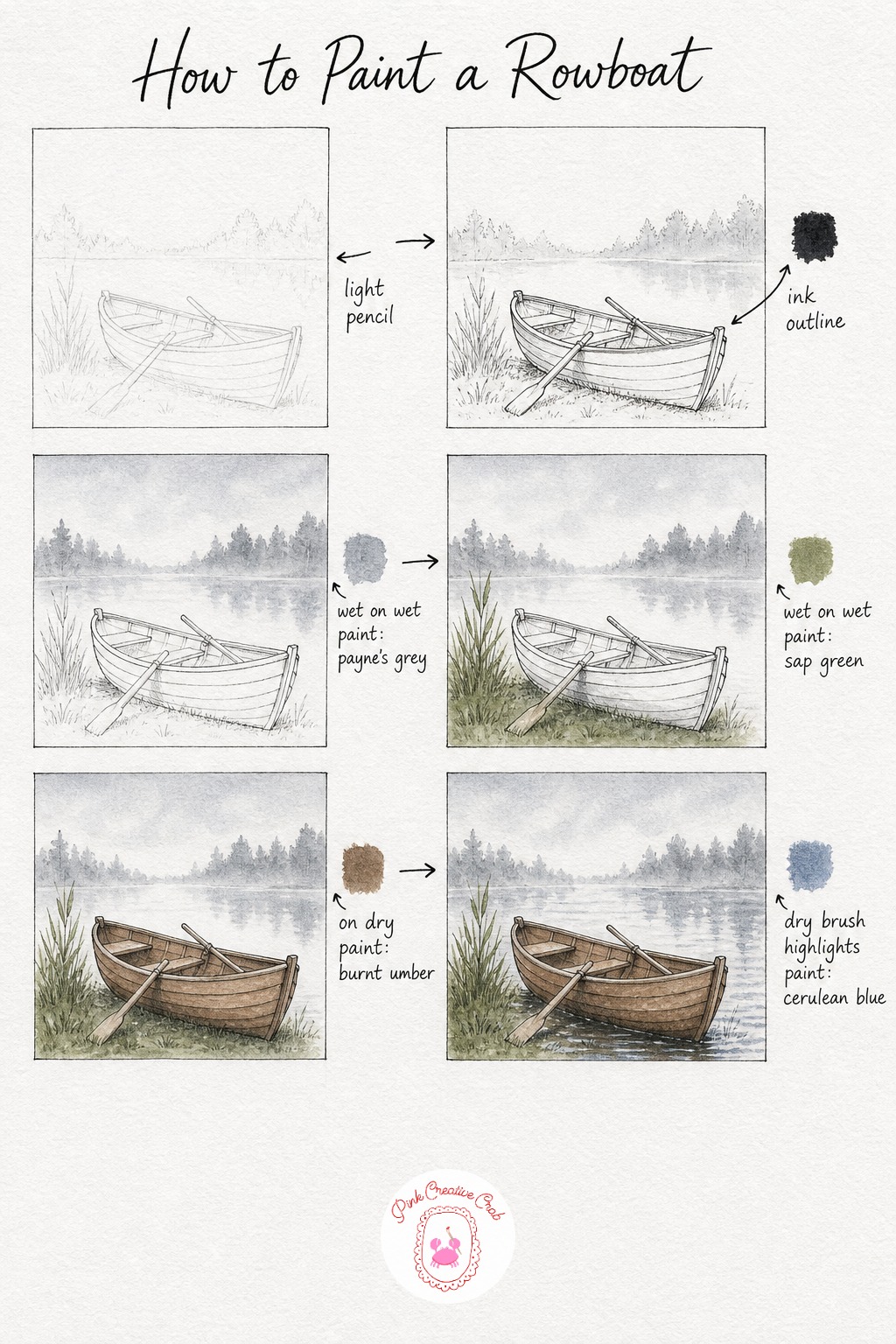 Rowboat On Misty Pond — Draw a small rowboat pulled up at the pond's edge, oars resting inside, with a hazy tree line far behind. Watercolor landscape tutorial