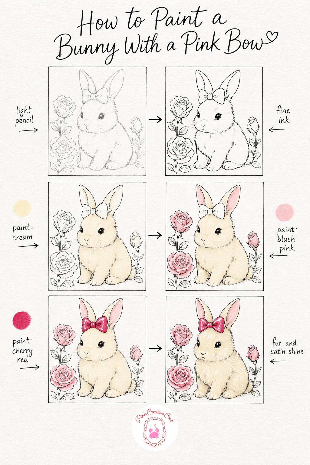 Bunny With a Pink Bow Among Roses — Draw a round, sitting bunny with soft long ears and a bow perched between them, then scatter a few open roses around its