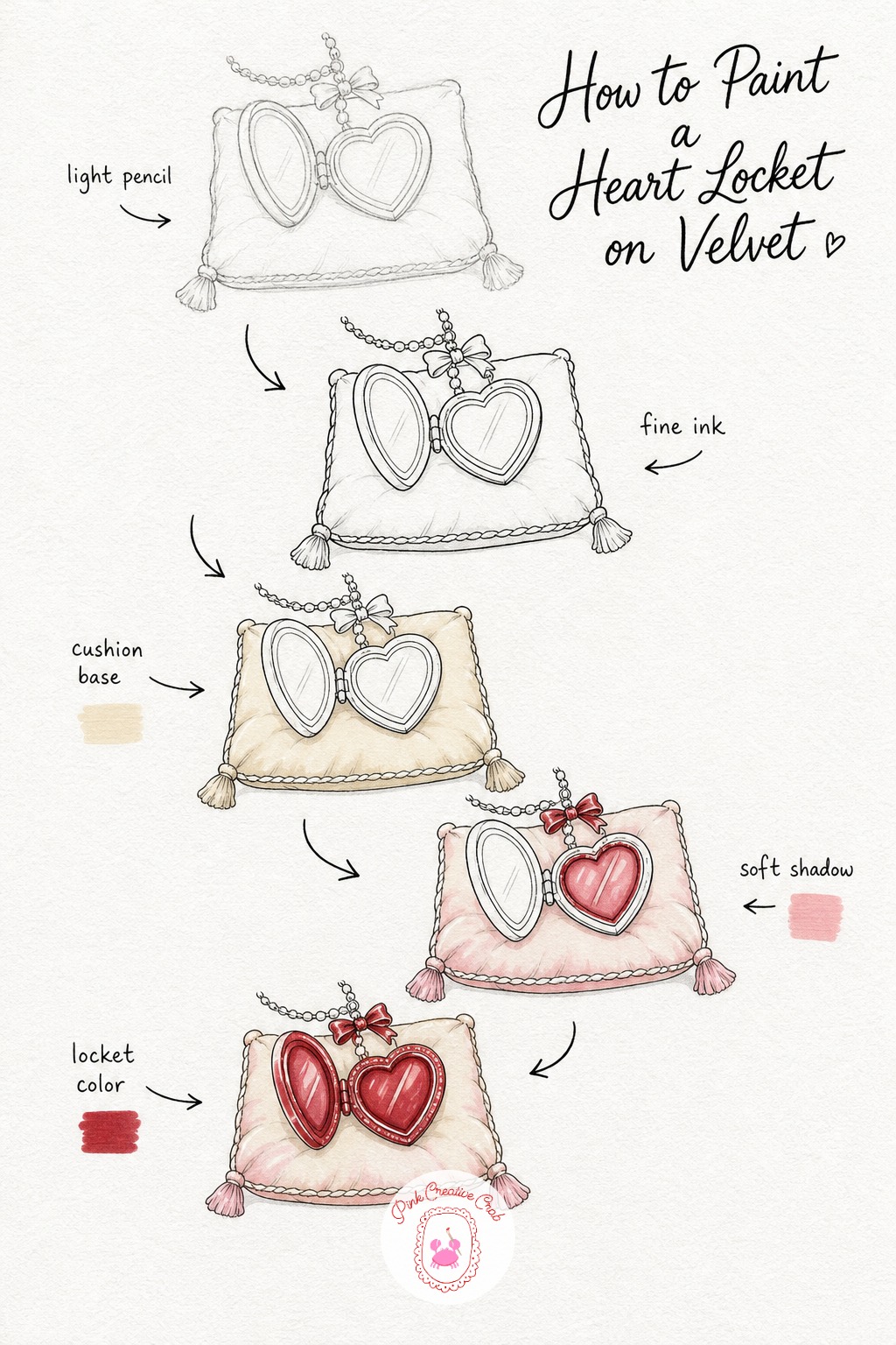 Heart Locket on a Velvet Cushion — Draw a small open heart locket with a fine chain and a tiny bow where the chain meets the clasp, resting on a tasseled