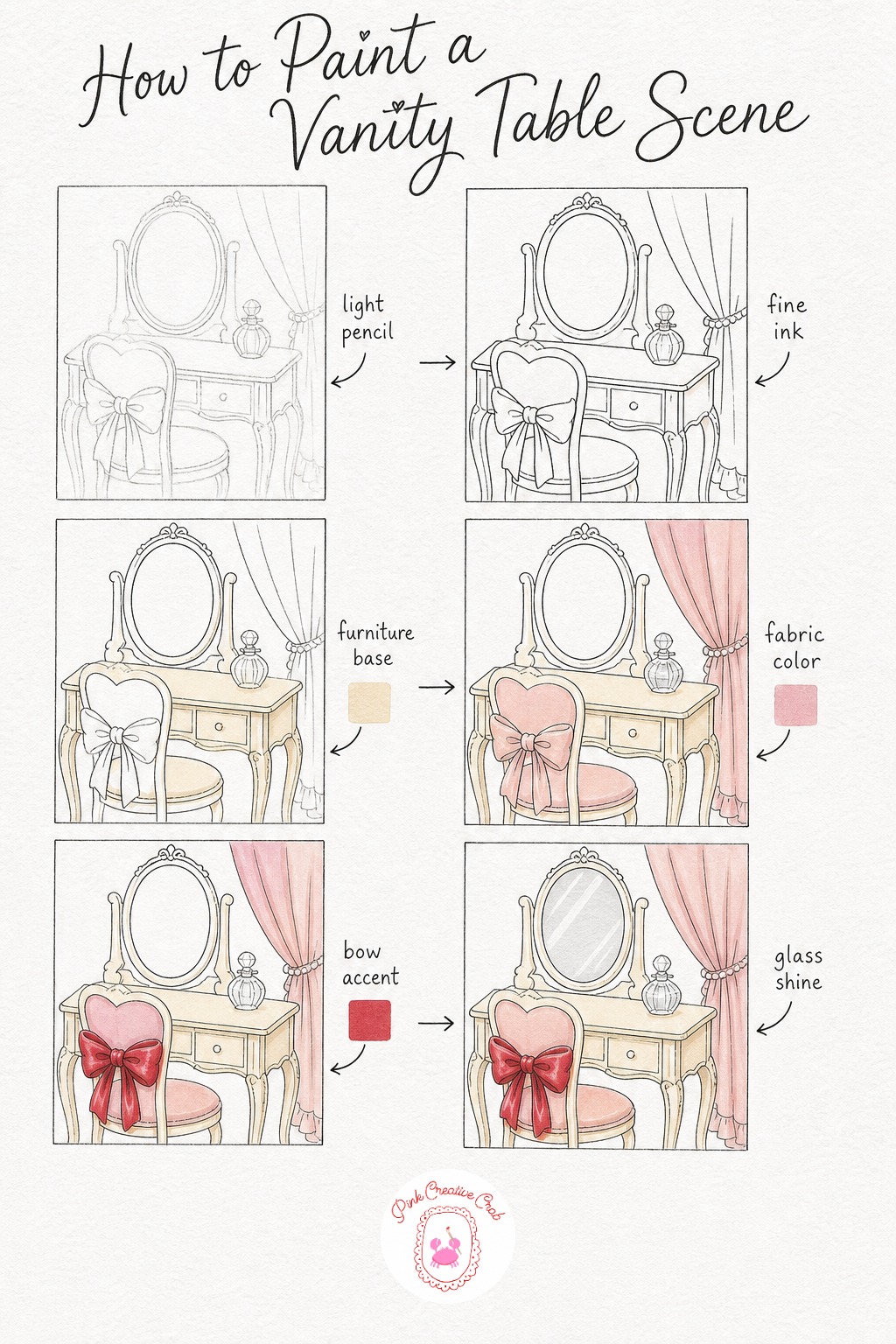 Vanity Table With Bow Chair — Build this one as a small room corner: a vanity table with an oval mirror, a chair with a bow tied on its back, and a perfume