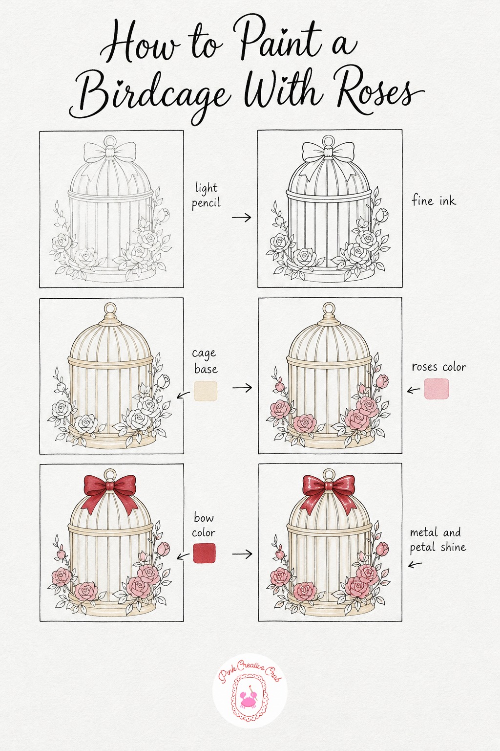 Birdcage With a Bow and Roses — Draw a round birdcage with a loop handle, a bow tied where the handle meets the dome, and roses twining up around the base.