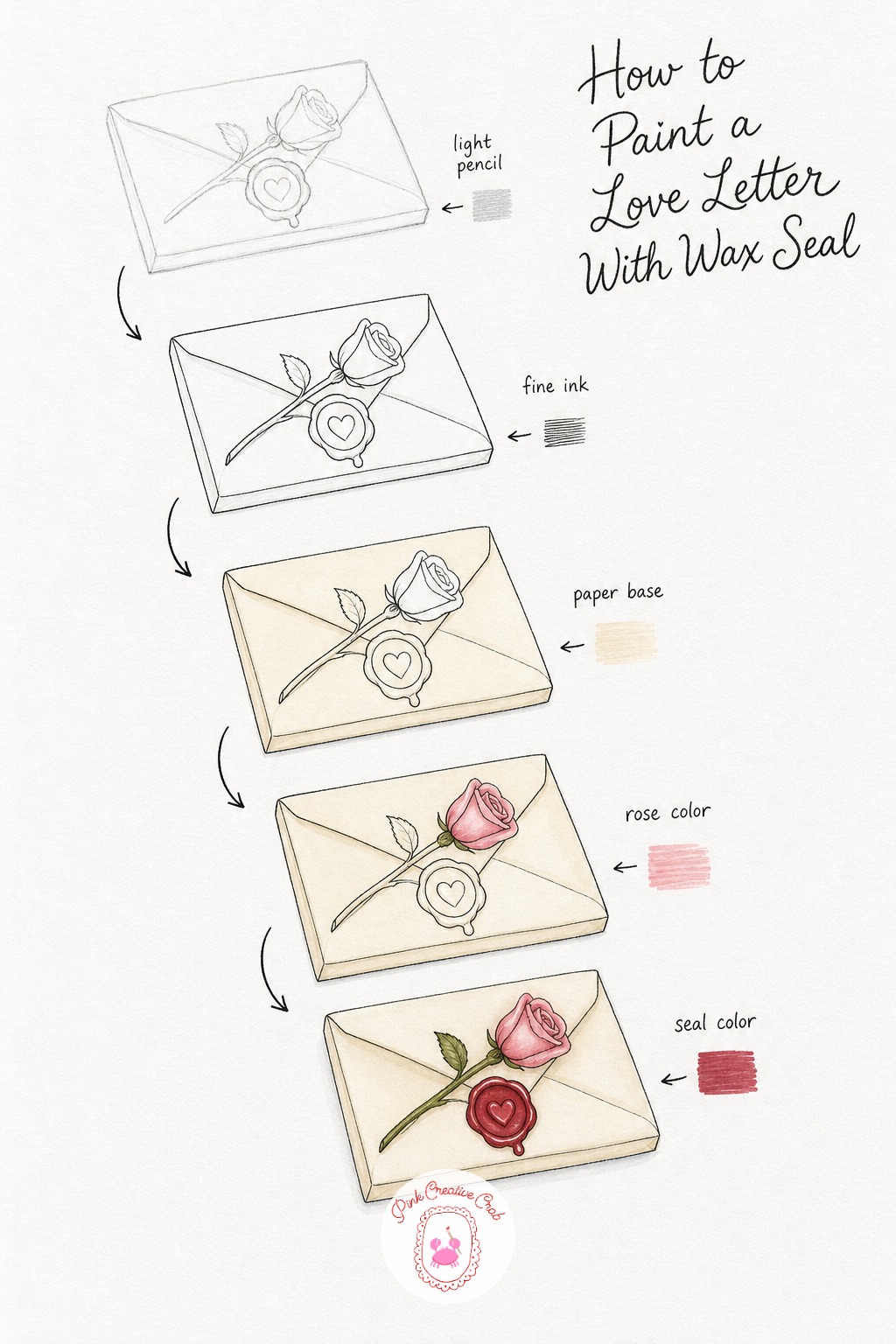 Love Letter With Wax Seal and Rose — Sketch a single folded letter with a round wax seal stamped near the fold and a small rose laid diagonally across it.