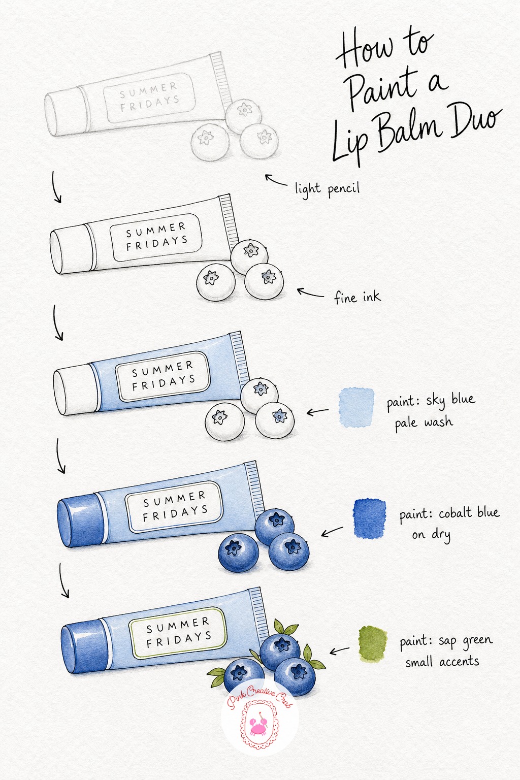 Summer Fridays Lip Balm — Start with a light pencil tube and a loose little cluster of blueberries resting against it, nothing fussy, just rounded shapes.