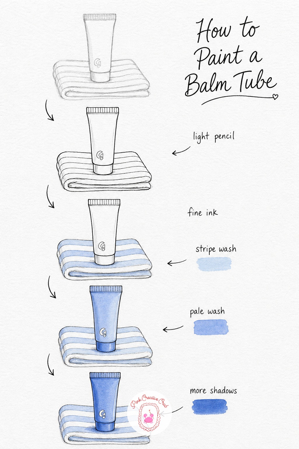 Glossier Balm Tube — Sketch a simple squeeze tube standing upright on a loosely folded towel, letting a few soft fold lines show in pencil. Skincare drawing