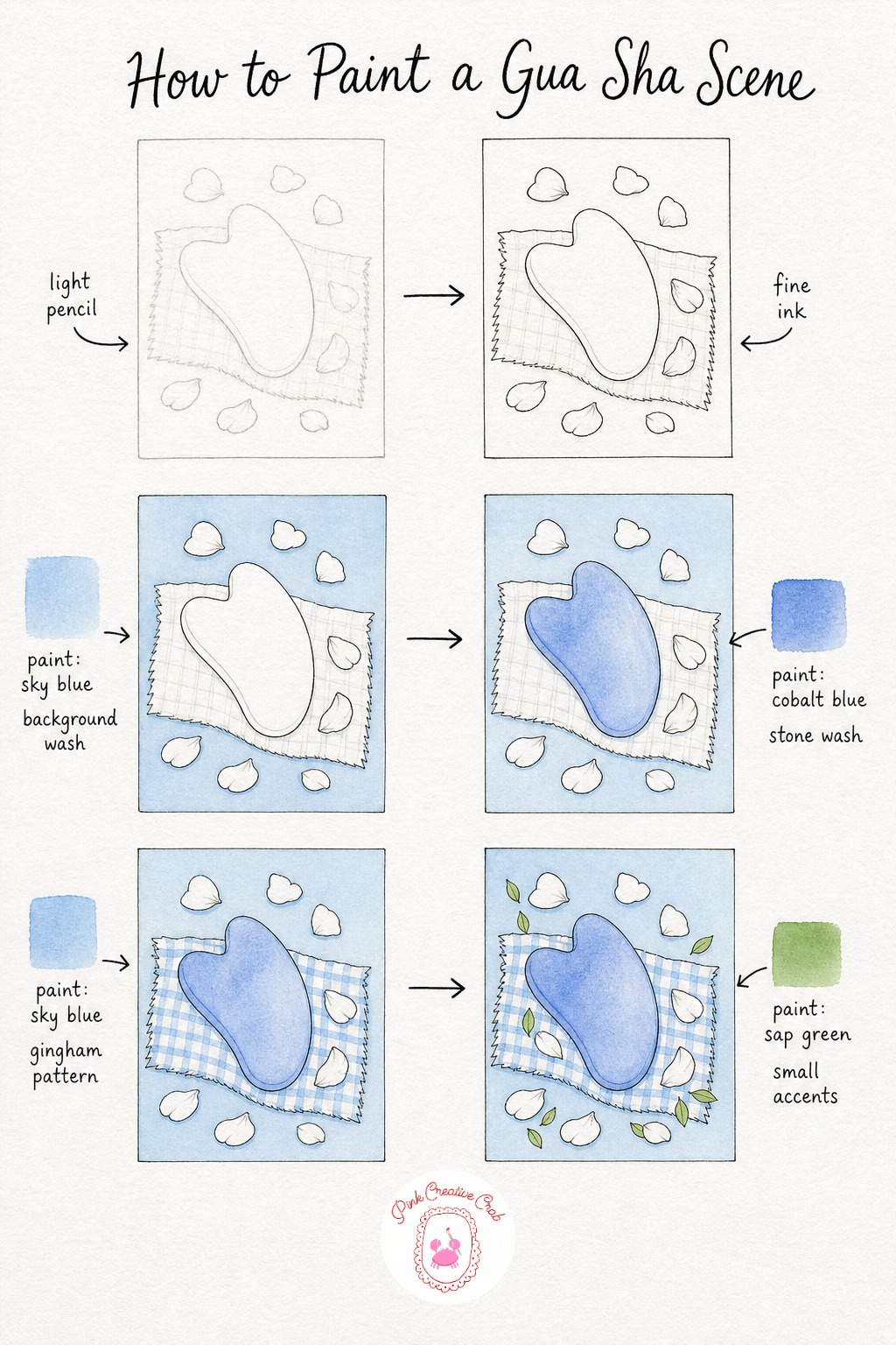 Gua Sha and Petals Scene — This small scene starts with a gua sha stone drawn as a smooth curved shape, set on a little folded gingham cloth with a few loose