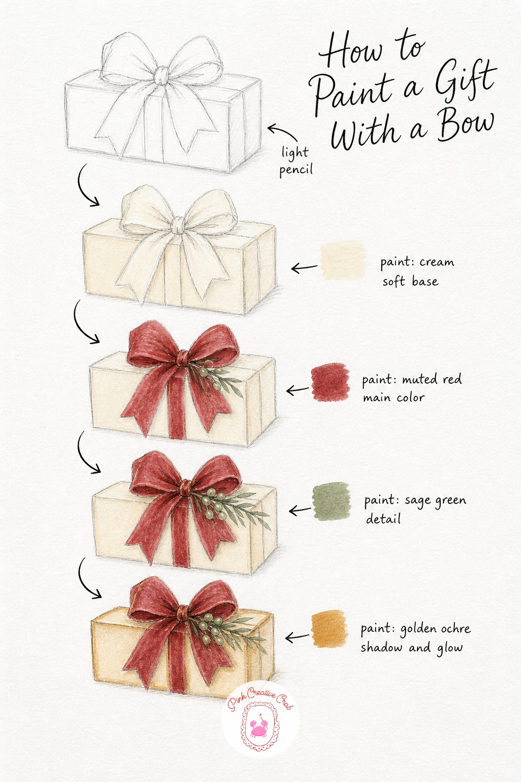 Gift With A Velvet Bow — Sketch a simple rectangular box with a big looping bow on top, this one skips the ink step and goes straight into color once the