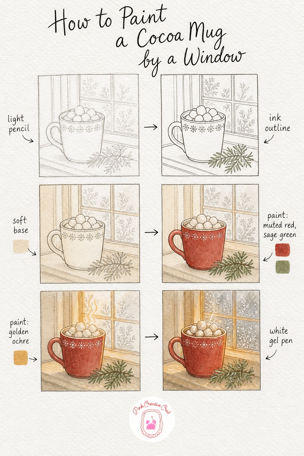 Cocoa Mug By A Frosty Window — Start with a light pencil sketch of the mug, the marshmallows peeking over the rim and a simple window frame behind it, then go