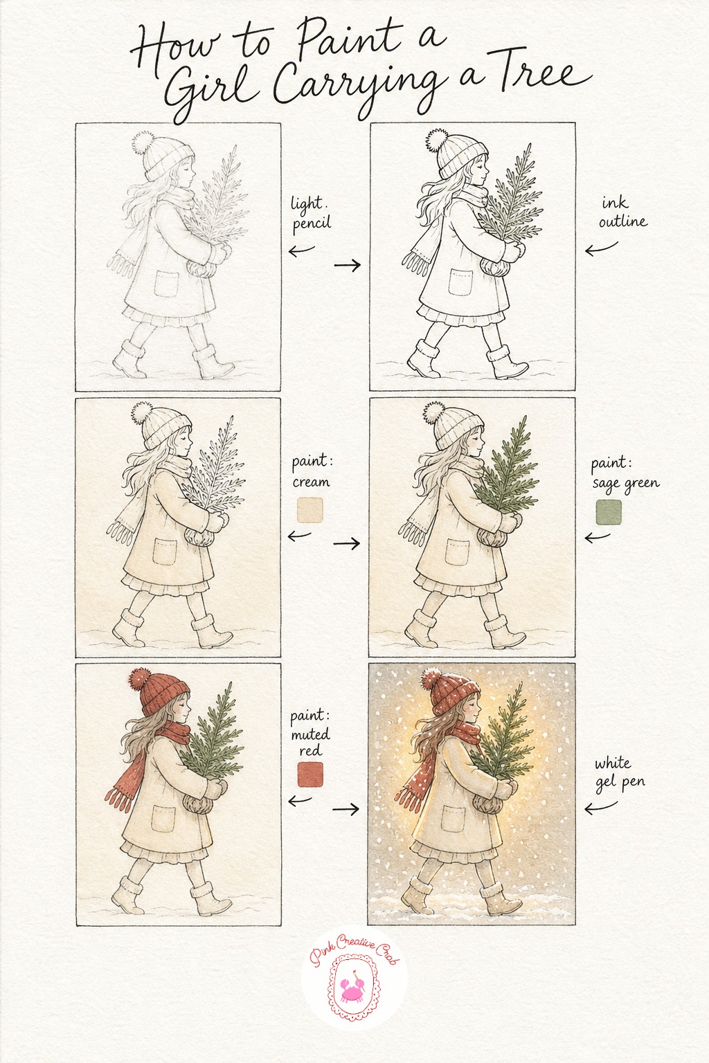 Girl Carrying A Small Tree — Keep her pose simple, a small figure walking with a little tree tucked under one arm, sketched lightly first then traced in fine