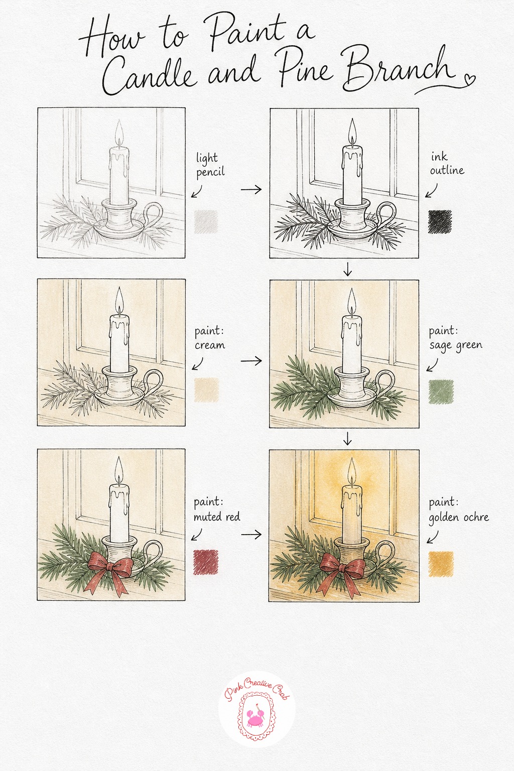Candle And Pine On A Windowsill — Draw a simple pillar candle in a small holder with a few pine sprigs resting around its base, then trace it in fine black ink