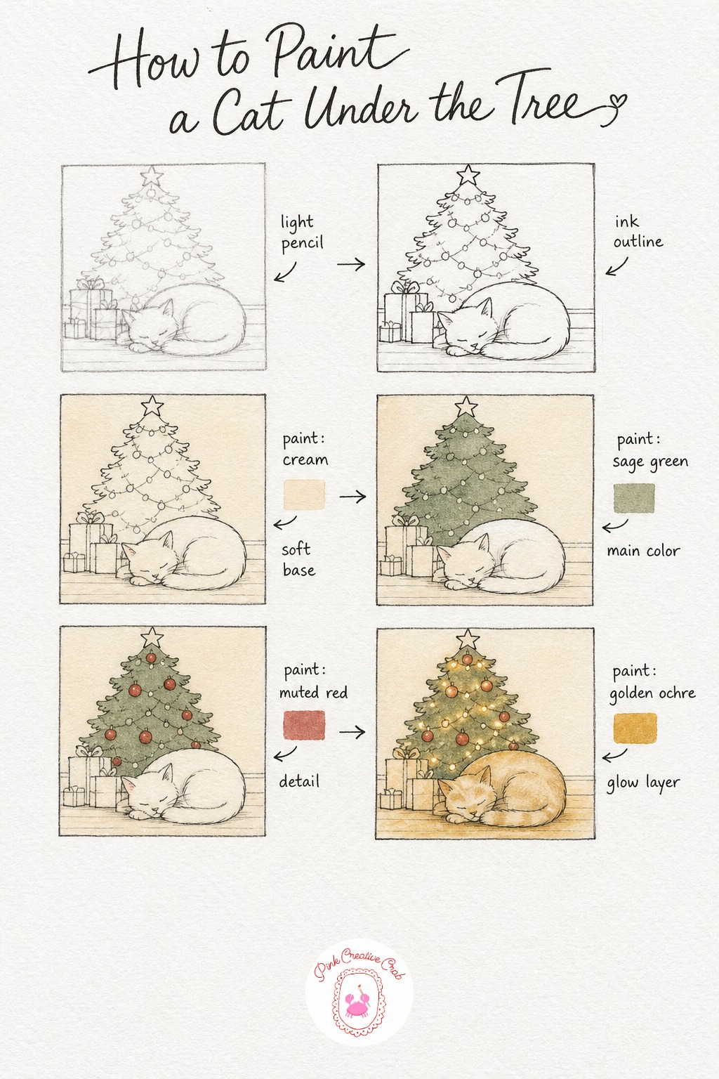 Cat Asleep Under The Tree — Sketch the cat first in a curled, sleeping pose, then add the tree rising behind it, keeping both shapes soft and rounded before
