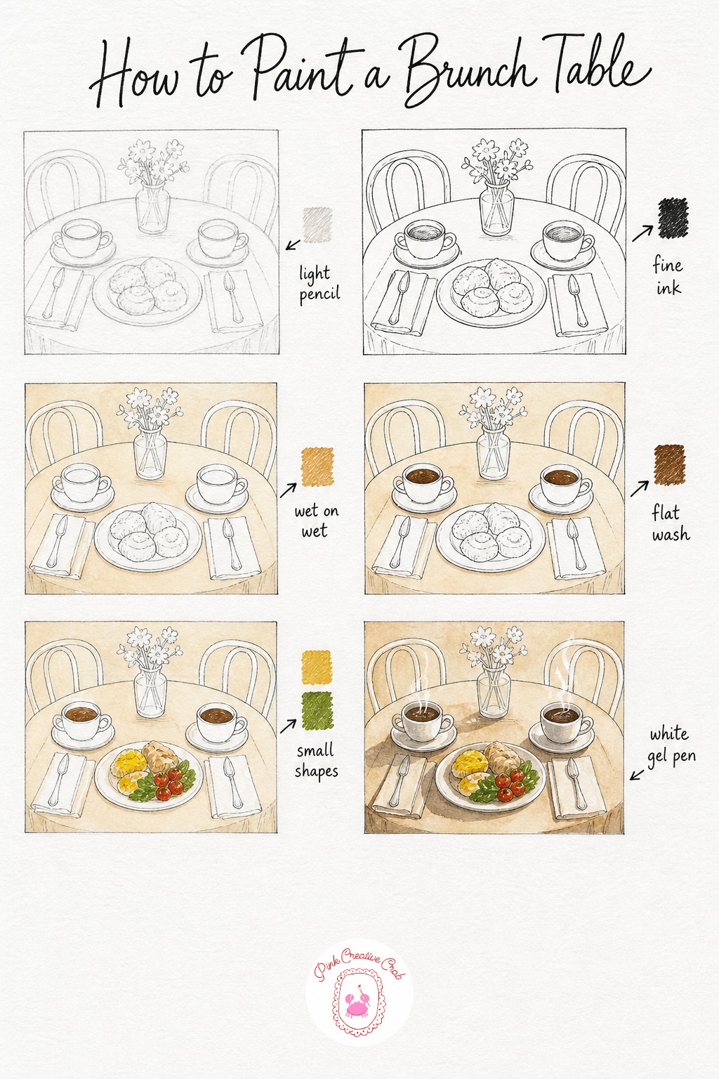 Sunlit Brunch Table For Two — Sketch a simple table from a slightly high angle, two coffee cups, cutlery and a shared plate of something golden between them.