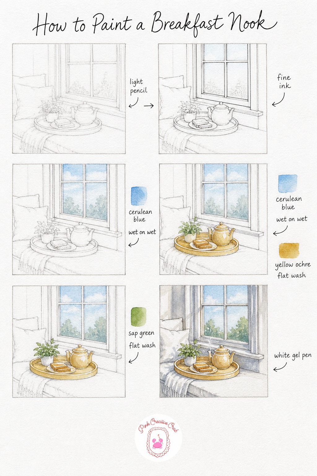 Window Side Breakfast Nook — Sketch a cozy window seat scene, a small tray with tea and toast, a plant on the sill and soft morning light coming through the