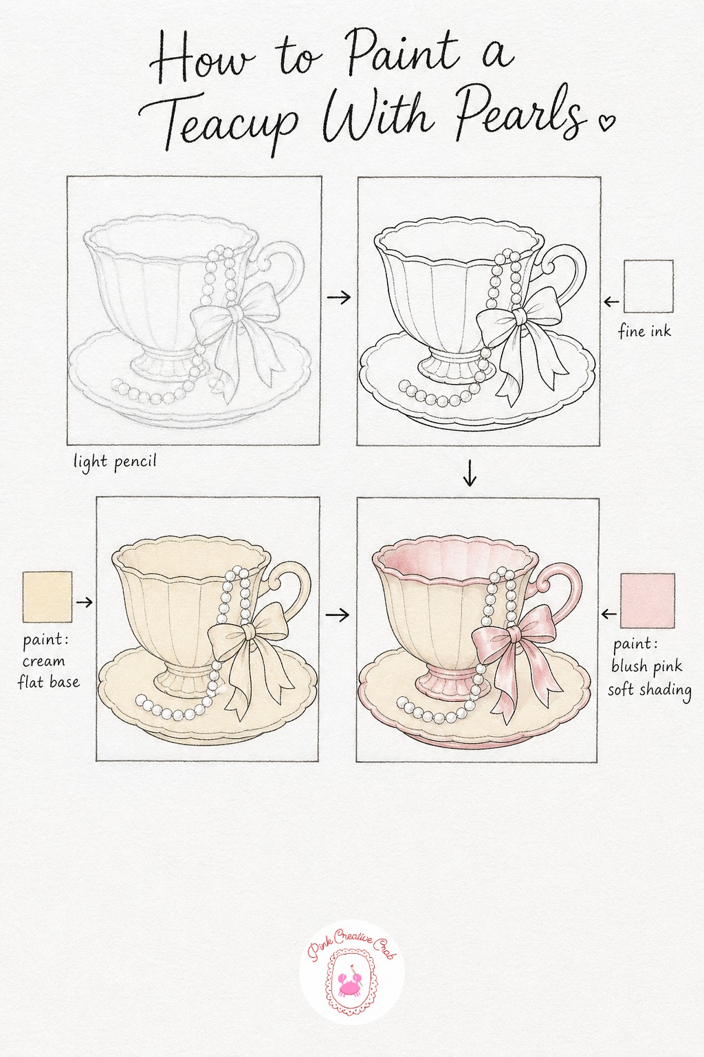 Teacup With Pearls and Ribbon — Sketch a rounded footed teacup on its saucer, then drape a loose string of pearls over the handle and tie a tiny bow where the