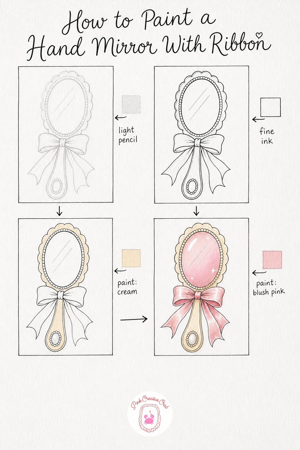 Hand Mirror With Ribbon Trim — Sketch an oval mirror on a short handle, with a bow tied just below the glass. Coquette drawing