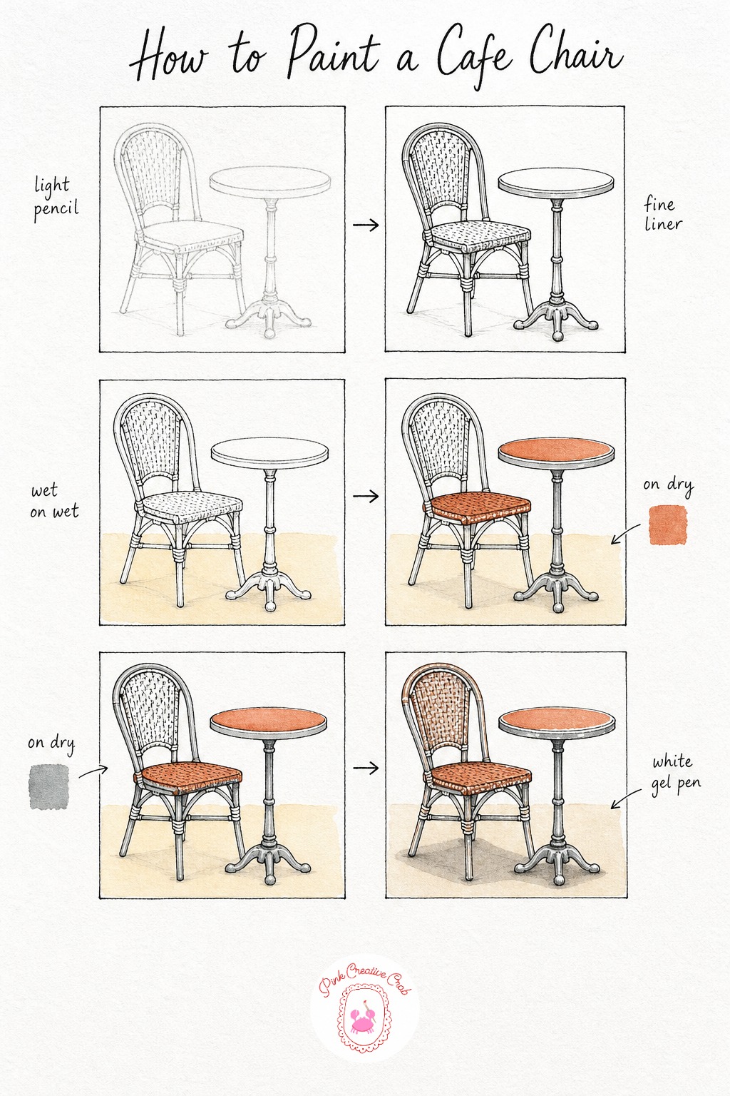 Cafe Chair and Round Table — Sketch a single bistro chair beside a small round table, keeping the chair's curved wirework as loose loops rather than trying to