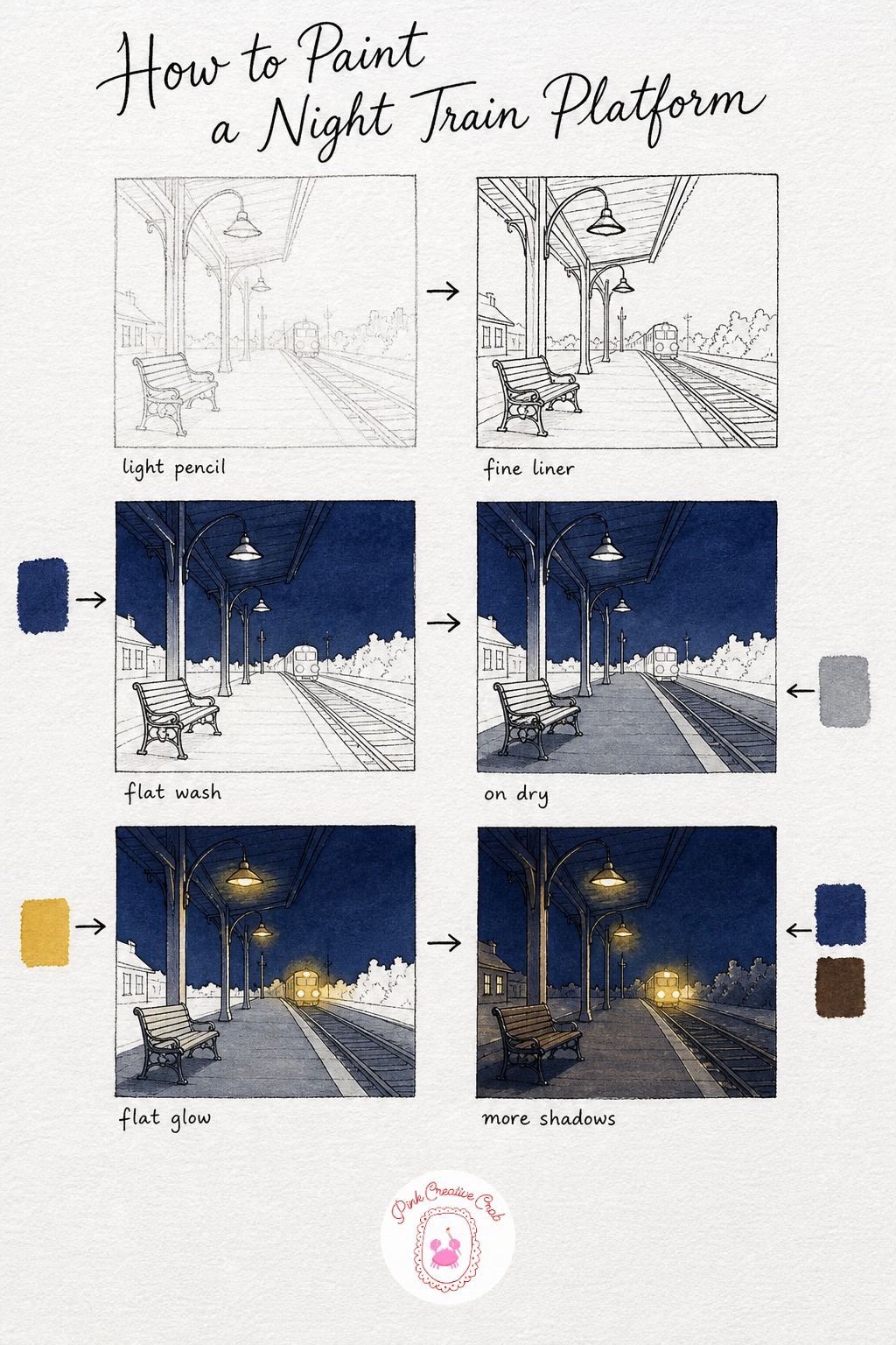 Train Station Platform — Sketch a simple platform receding into the distance, two or three lamp posts along it, a bench and a small train shape with round