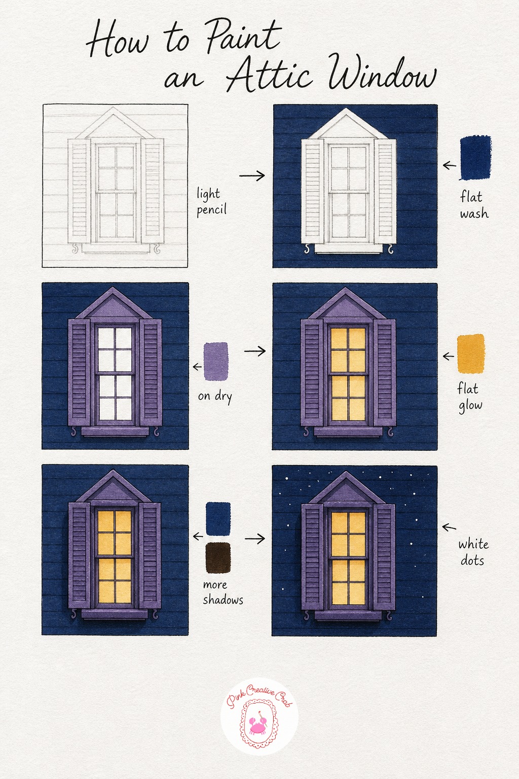 Lit Attic Window From the Street — This one is just the window, no full building, so sketch a tall frame with two shutters and a simple sill, filling most of