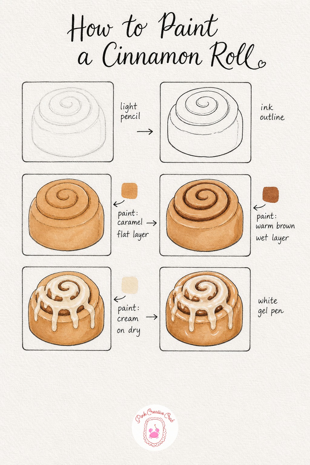 Iced Cinnamon Roll — Draw a round roll shape in light pencil, then add a spiral line winding from the outer edge into the center, like a cinnamon roll looks