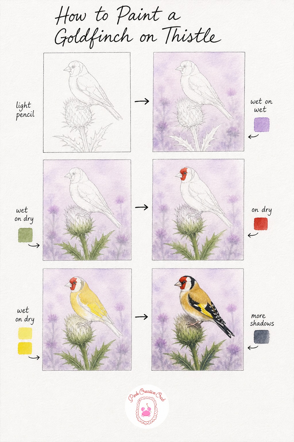Goldfinch On A Thistle — Sketch a goldfinch gripping the spiky seed head of a thistle, its body turned slightly so you can see both the red face patch and the
