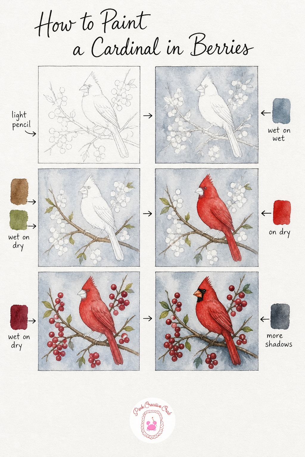 Cardinal Among Red Berries — Sketch a cardinal with its tall crest raised, sitting among a small cluster of round berries on a thin branch. Watercolor birds