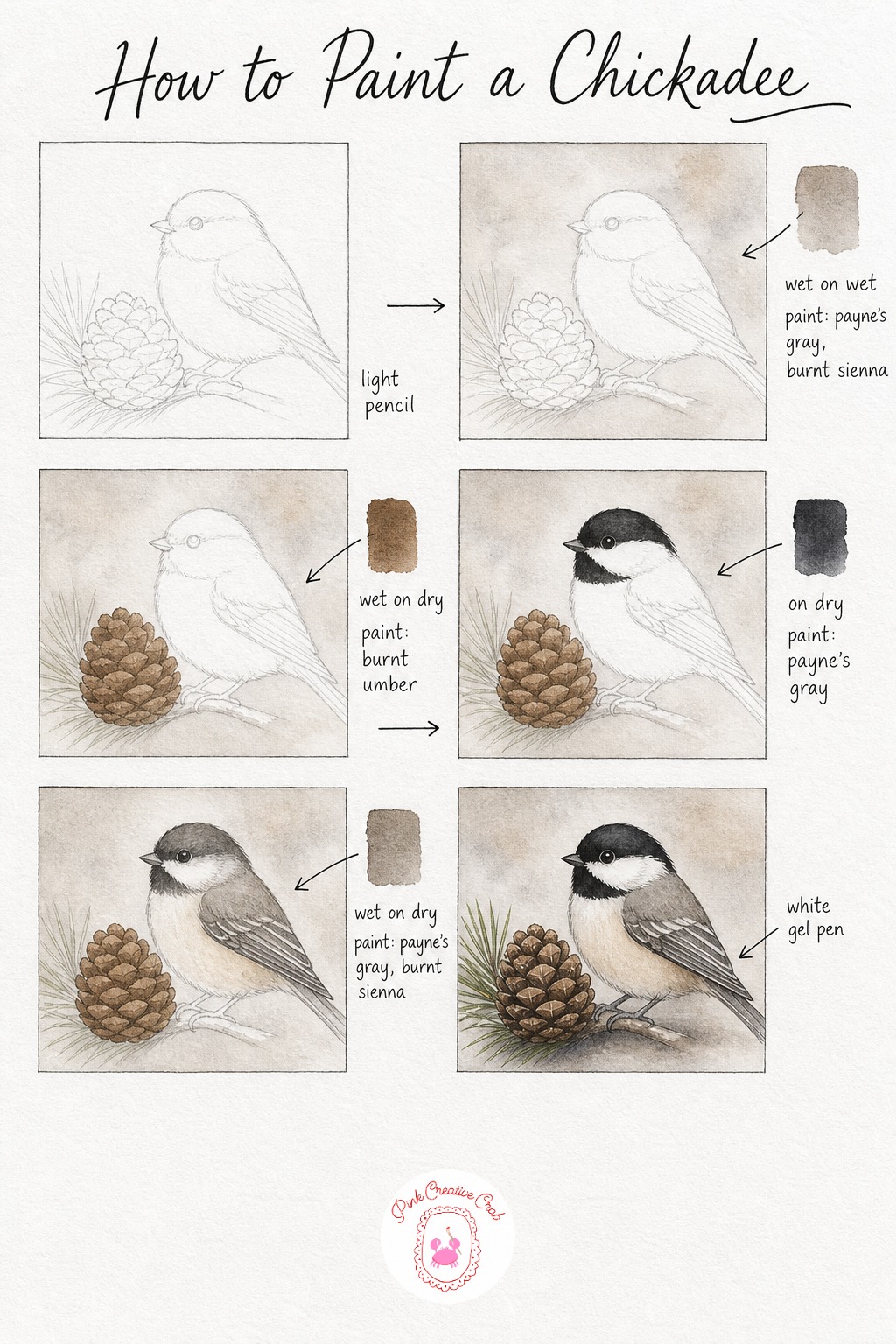 Chickadee On A Pinecone — Draw a small round chickadee perched right beside a pinecone, keeping both shapes simple and chunky since chickadees are mostly a