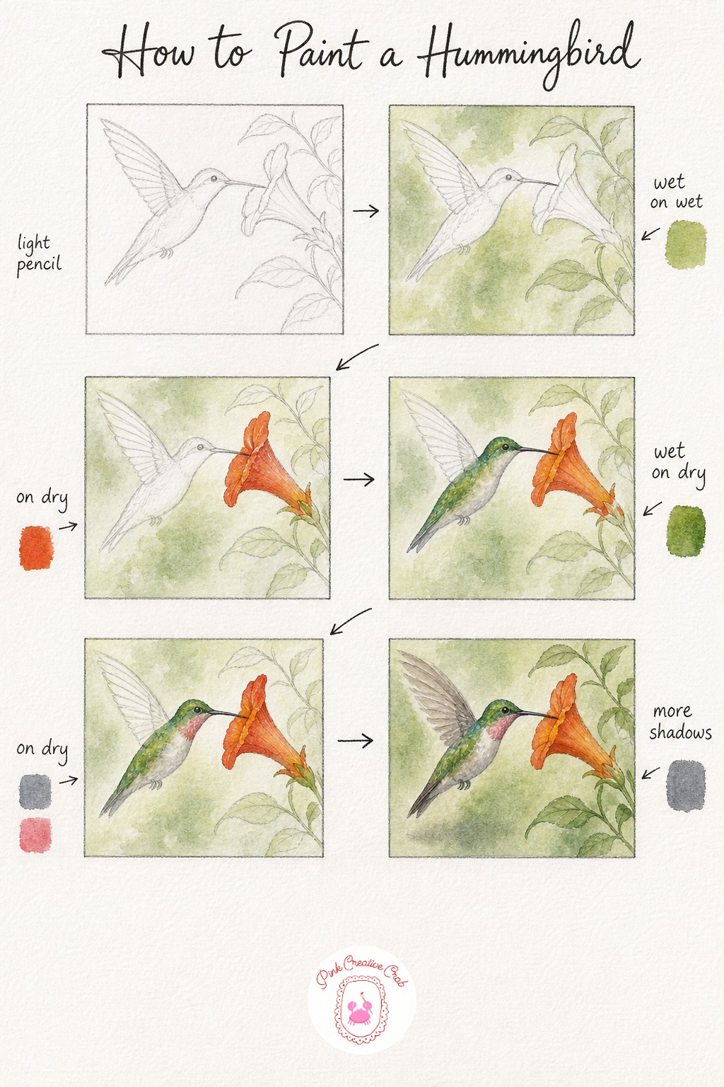 Hummingbird At A Trumpet Flower — Sketch a hummingbird hovering beside a long trumpet shaped flower, wings slightly blurred to suggest motion rather than drawn