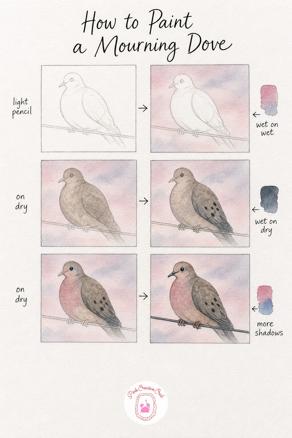 Mourning Dove On A Wire — Sketch a plump, round bodied mourning dove perched on a simple thin wire, keeping the silhouette smooth and soft since doves have
