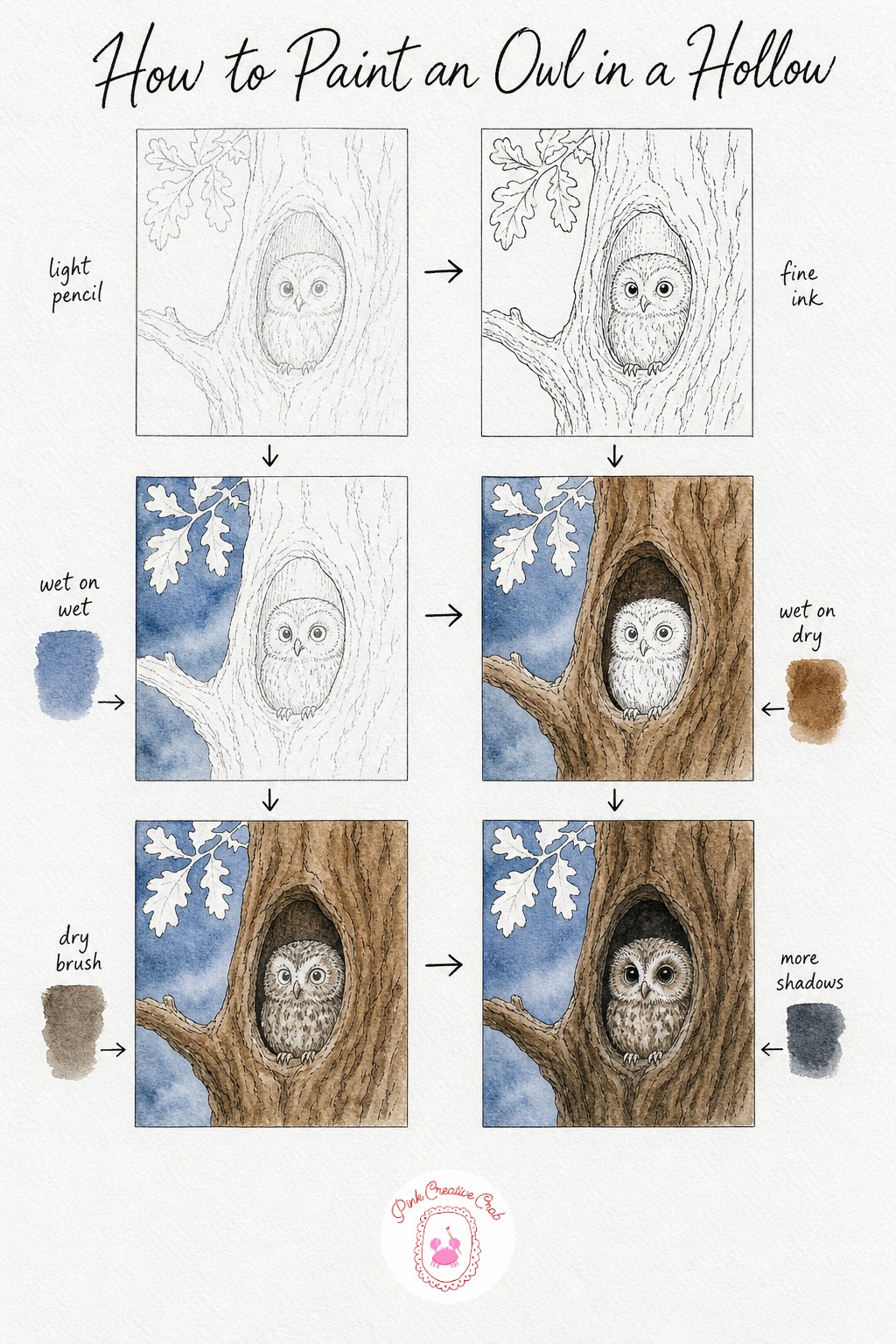 Owl In An Oak Hollow — Sketch a small owl just peeking out of a round hollow in a tree trunk, only its head and shoulders showing, which keeps this a