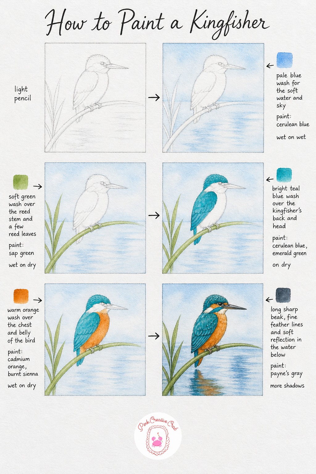 Kingfisher On A Reed — Sketch a kingfisher perched on a slightly bent reed over water, body compact and beak long and dagger like, that sharp beak is the