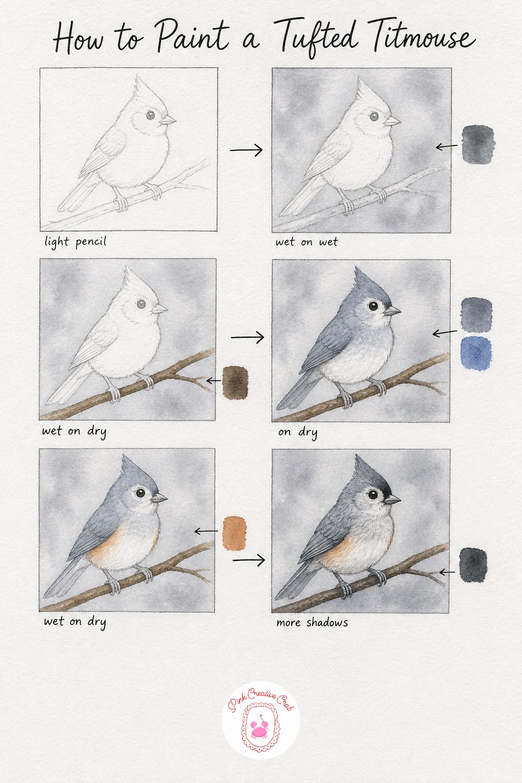 Tufted Titmouse On A Branch — Sketch a titmouse with its distinctive pointed crest raised, perched simply on a thin branch, a quiet everyday pose that lets the