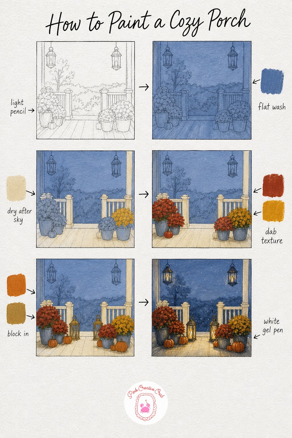 Cozy Porch With Mums and Lanterns — Sketch a simple porch corner, a railing with a few posts, a step or two, and some round pots along the edge, then add