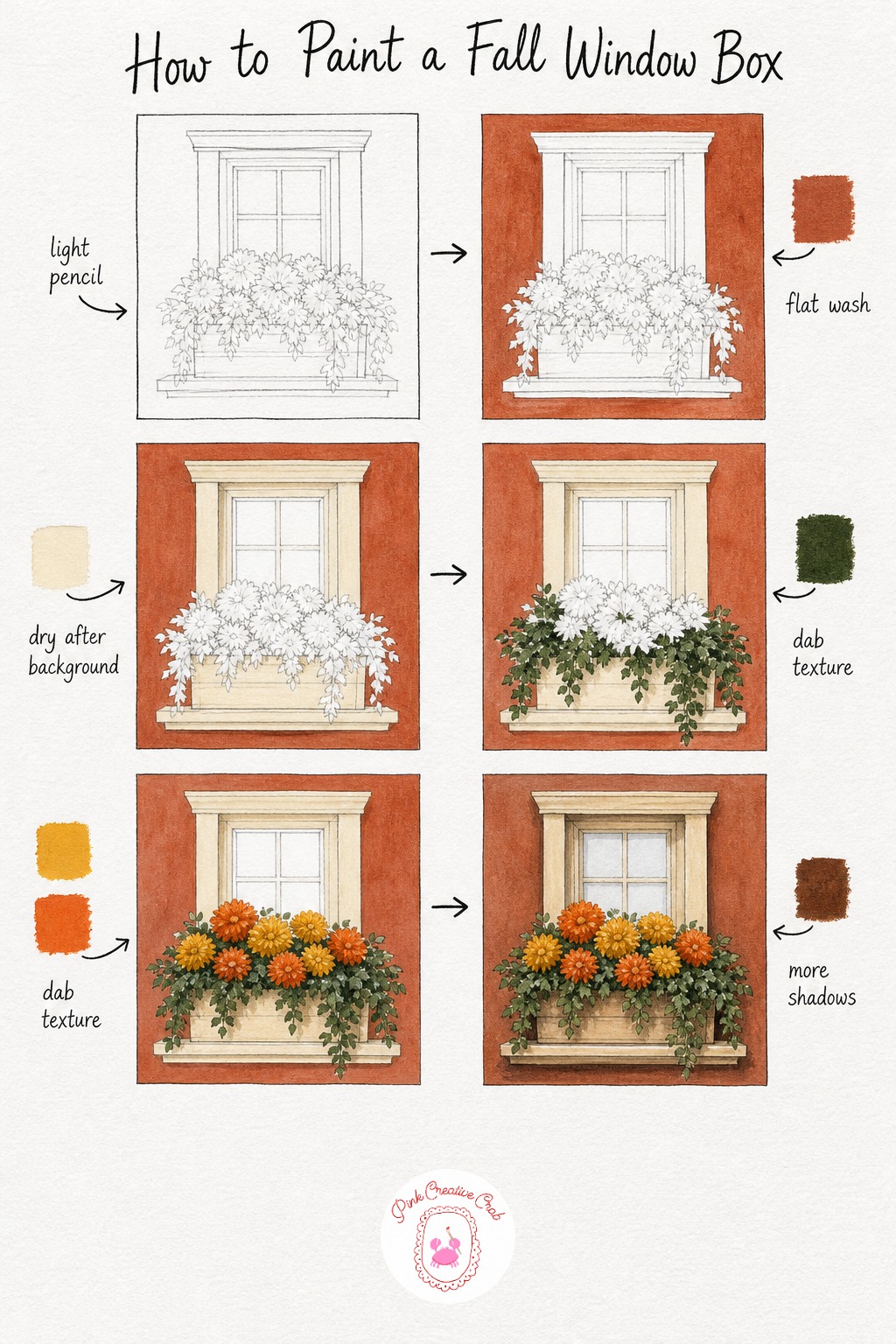 Window Box With Fall Flowers — Sketch a simple window frame with a sill below it and a long rectangular flower box sitting on the sill, then add loose