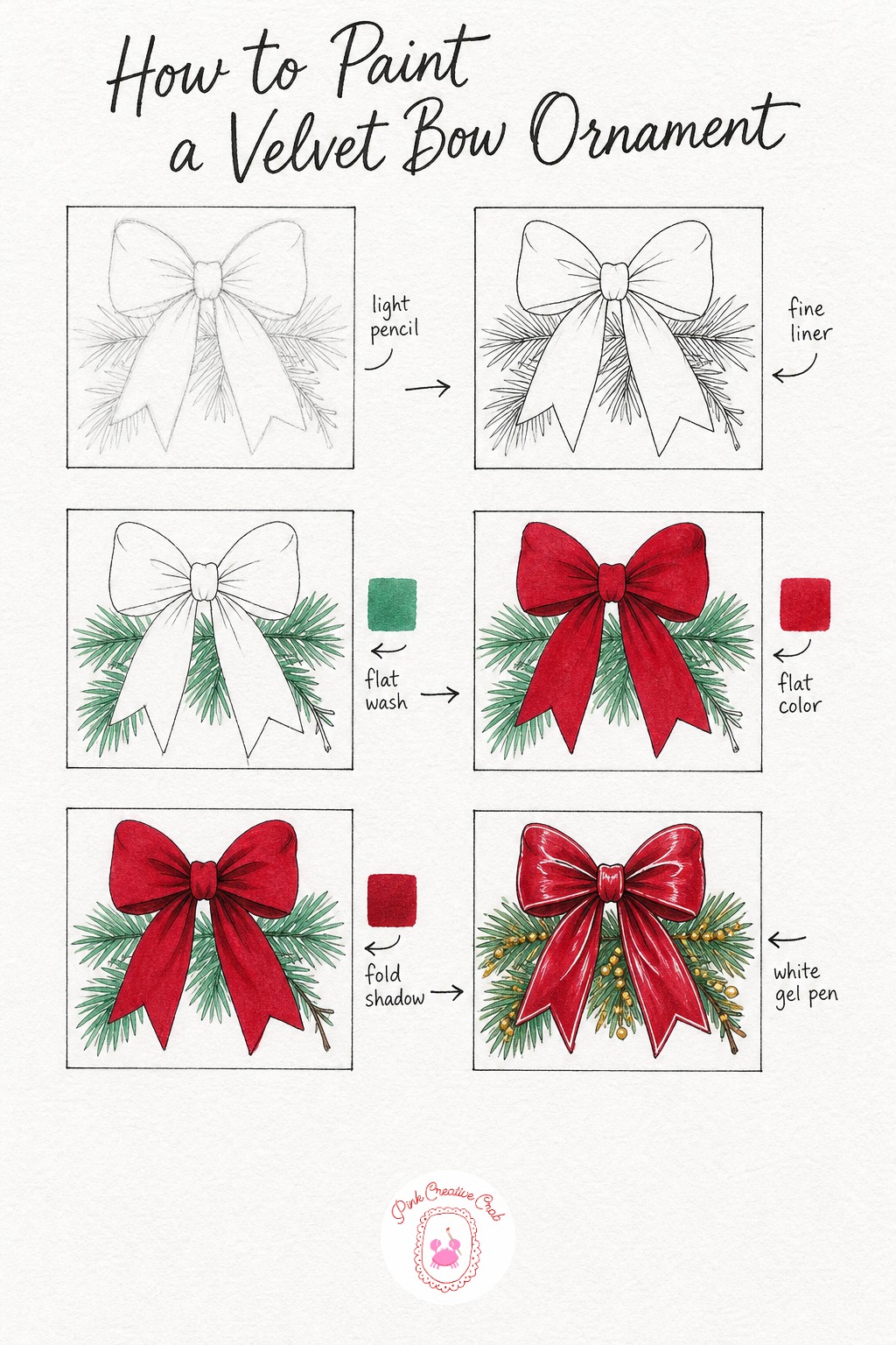 Velvet Bow on Pine Branch — Sketch a looped bow shape in light pencil with two ribbon tails hanging below, then draw a simple pine branch crossing behind it