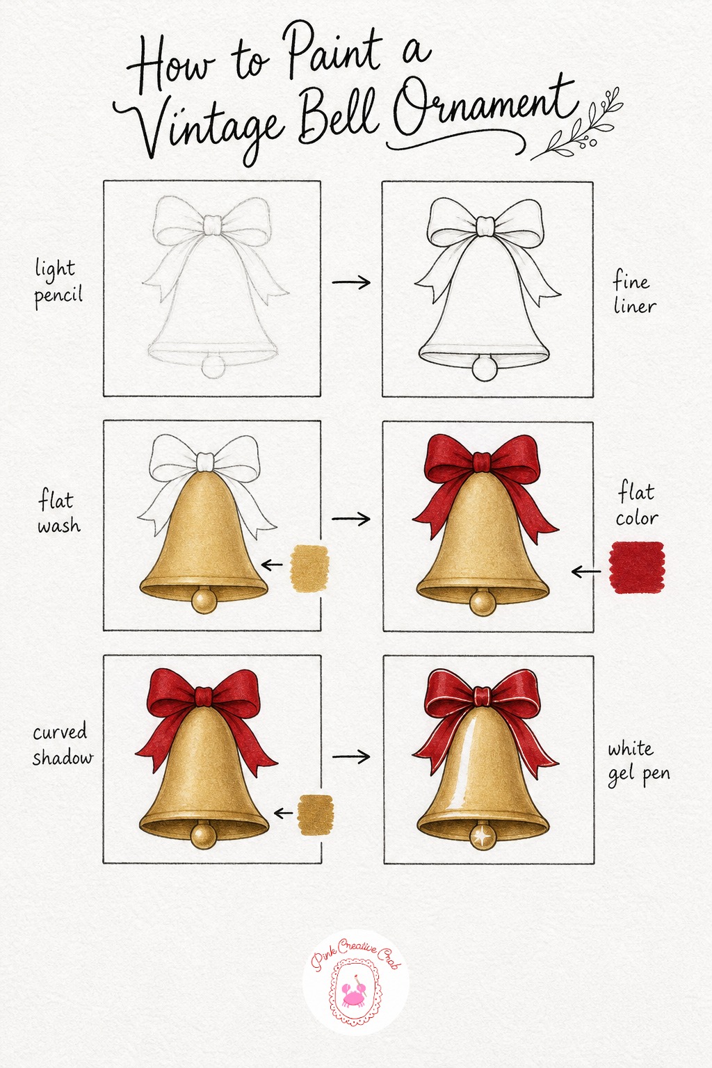 Vintage Bell With Ribbon — Sketch a rounded bell shape in light pencil, narrower at the top and flaring out at the bottom rim, with a small oval clapper