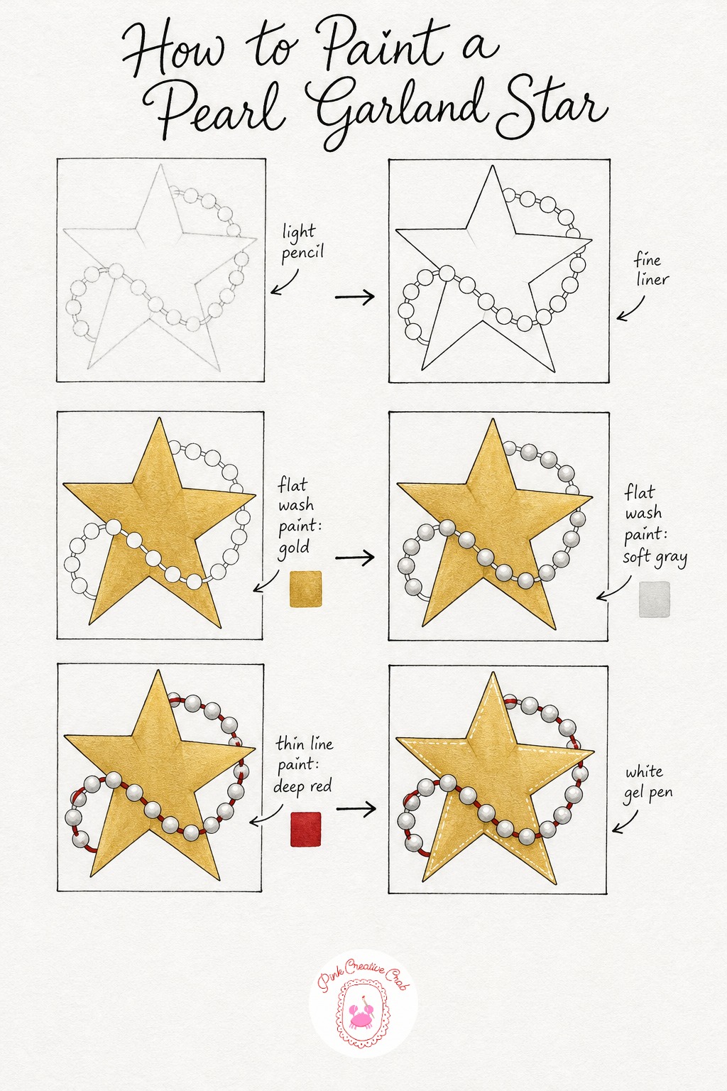 Pearl Garland Star — Draw a simple five point star in light pencil, then curve a looping line of small circles around and across it for the pearl garland.