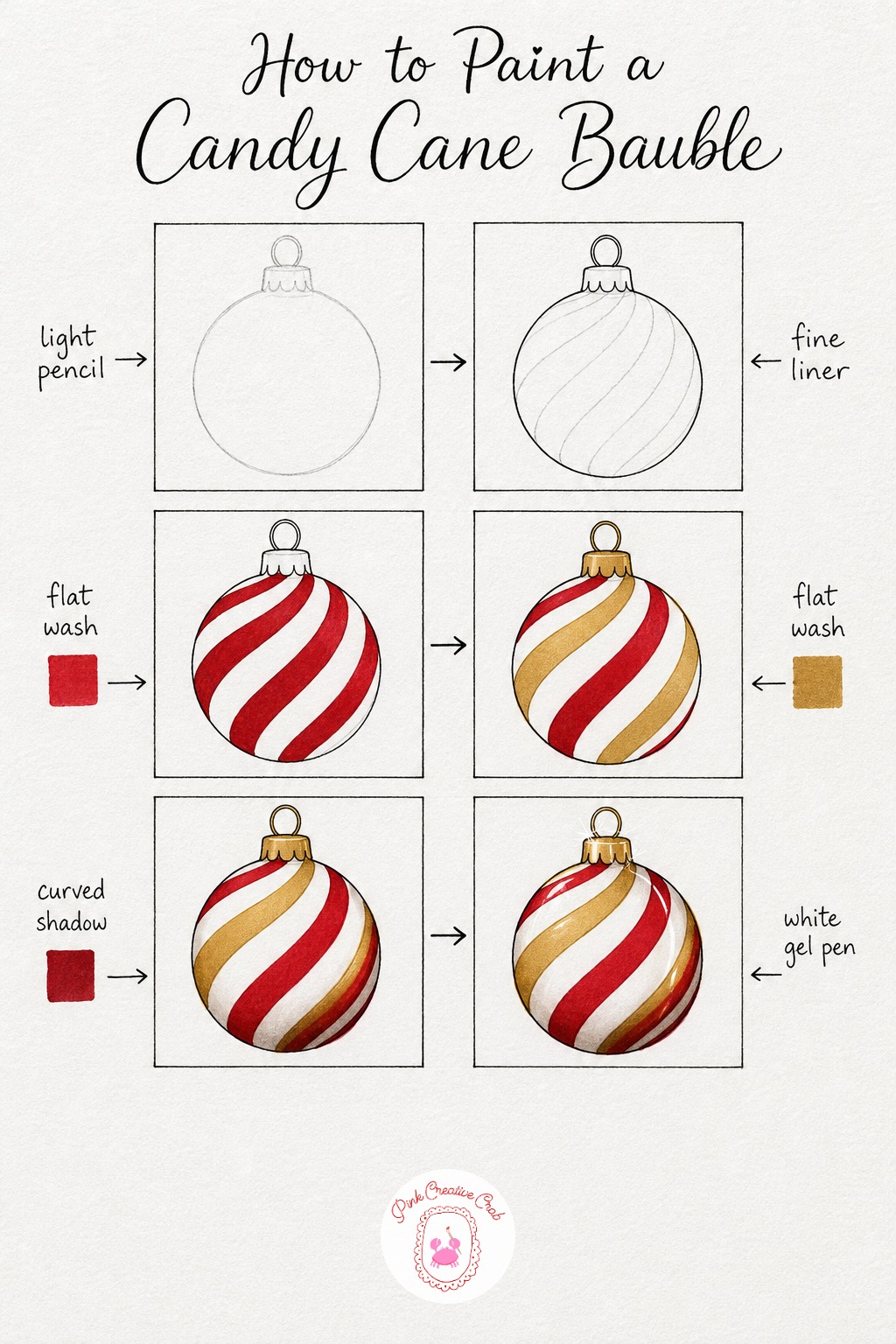 Candy Cane Striped Bauble — Sketch one light pencil circle with a cap and loop as you did for the other baubles, then add a few faint curved diagonal lines