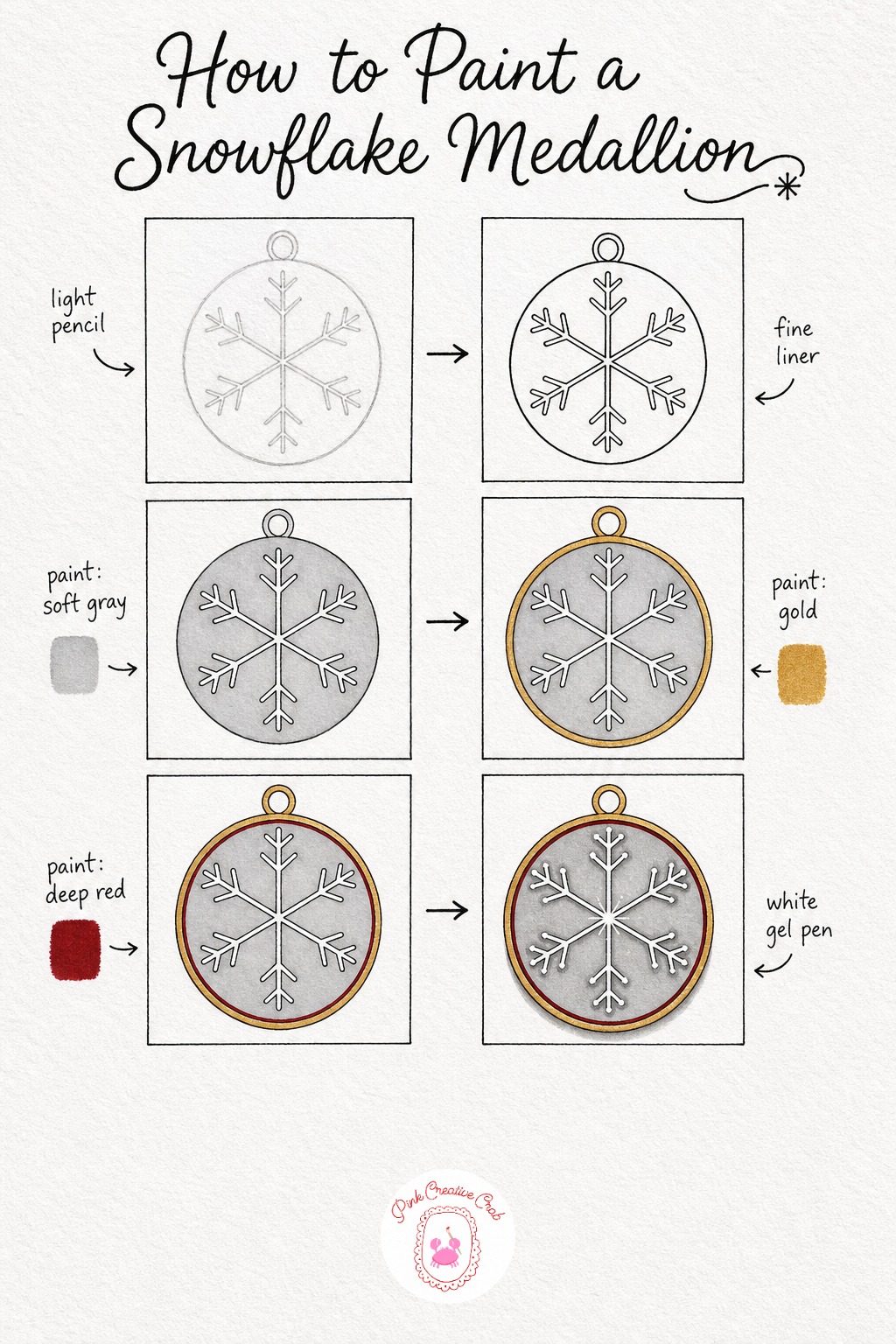 Snowflake Medallion Ornament — Draw a circle in light pencil first, then build a six point snowflake inside it by crossing three straight lines through the