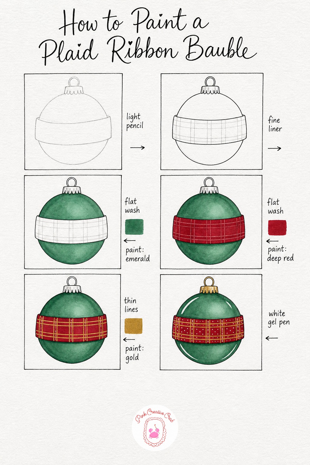 Plaid Ribbon Bauble — Sketch a circle with a small cap, then add a wide horizontal band wrapped around the middle like a ribbon tied around the bauble.